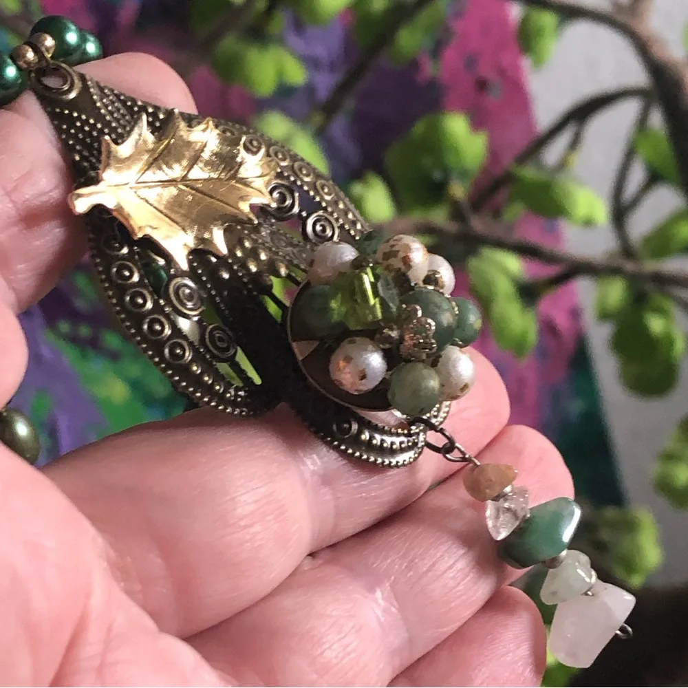 Handcrafted repurpose sage freshwater brass pendant Czech glass Pearl necklace